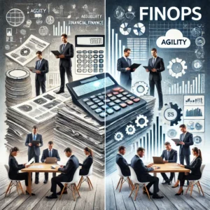 DALL·E 2025 02 15 12.27.37 A visually striking representation of FinOps vs. Traditional Finance. The image is split into two halves the left side represents Traditional Finance